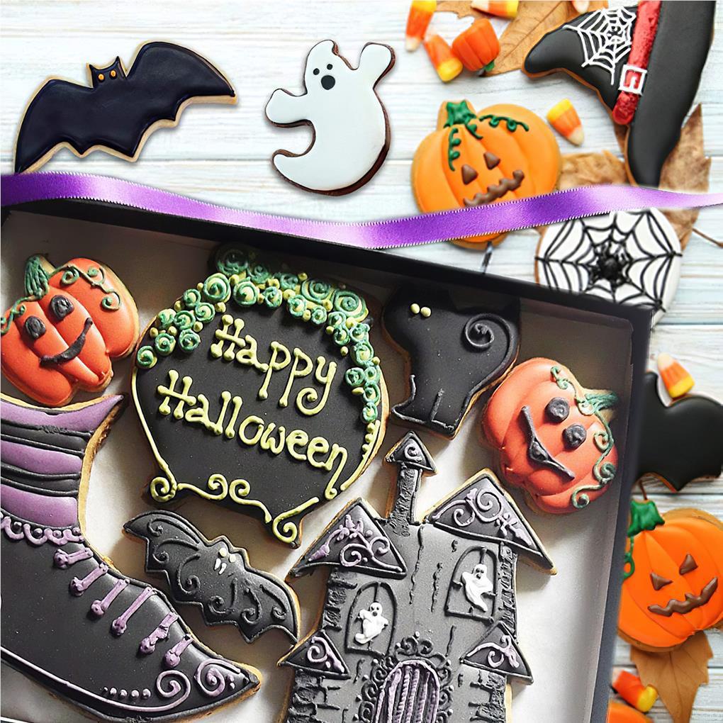 7buah Halloween Cookie Slicers DIY Pastry Baking Alat Perangko Cetakan Stainless Steel Biskuit Hand Press Mold