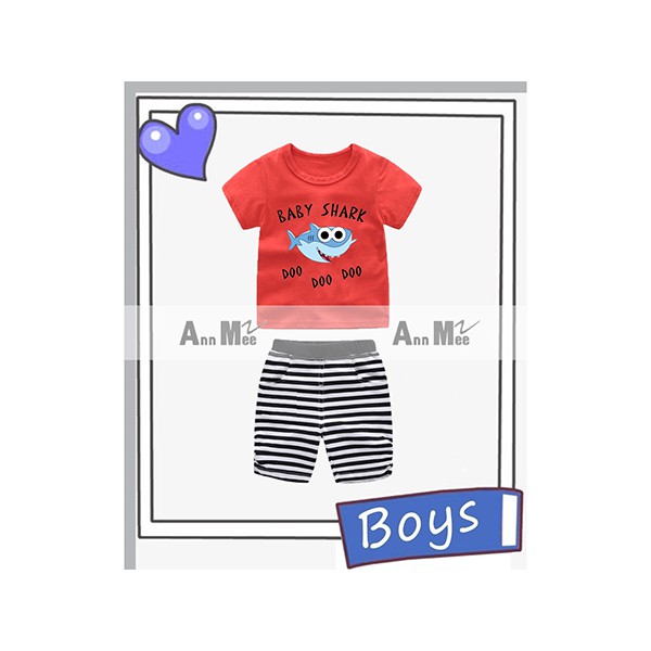 Baju Setelan Baby Shark Warna Merah Boy Set Karakter Kartun Ikan Hiu Tshirt Warna Merah Impor Celana