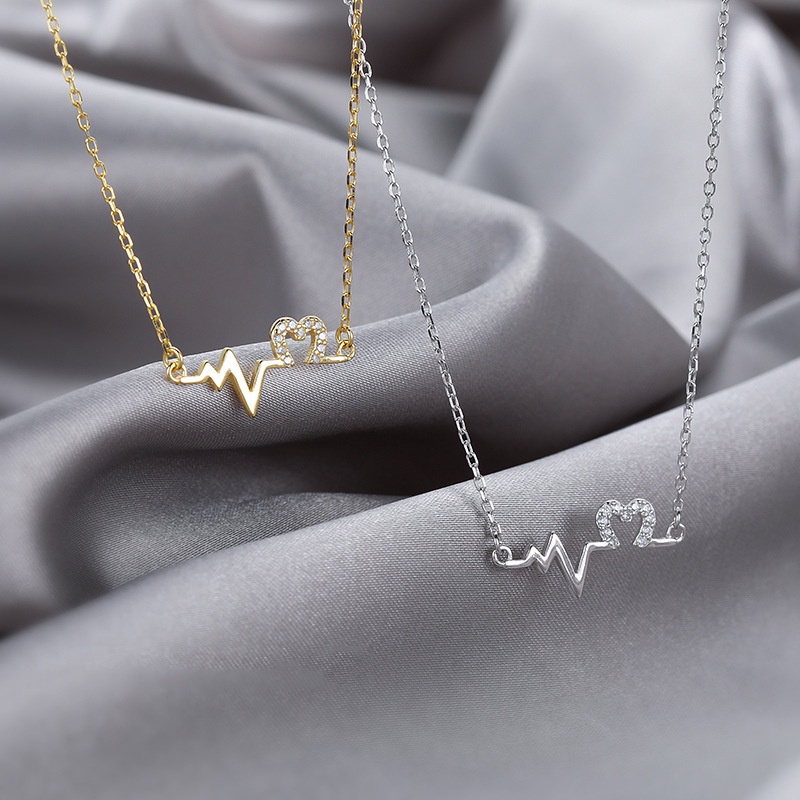 Kalung Rantai Dengan Liontin Bentuk Electrocardiogram Aksen Berlian Imitasi Untuk Wanita