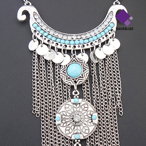 Kalung Choker Rantai Rumbai Panjang Turquoise Bahan Alloy Gaya Bohemian Untuk Wanita