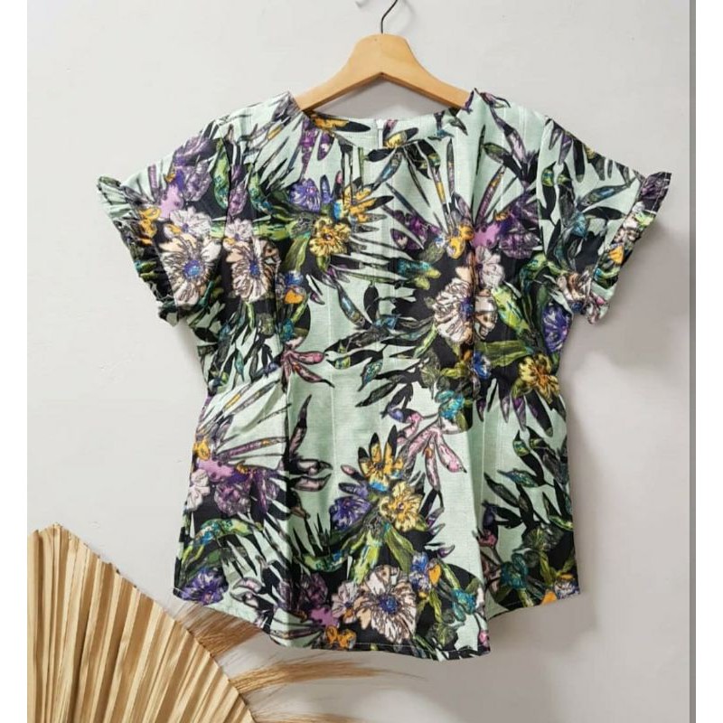 DELIGHTLINE LITTLE V NECK ALMOND TREE / VALENTINE FLOWER - CASUAL BLACKOUT BLOUSE TEBAL BASIC FLOWER-ORCID BUNGA - FIT L