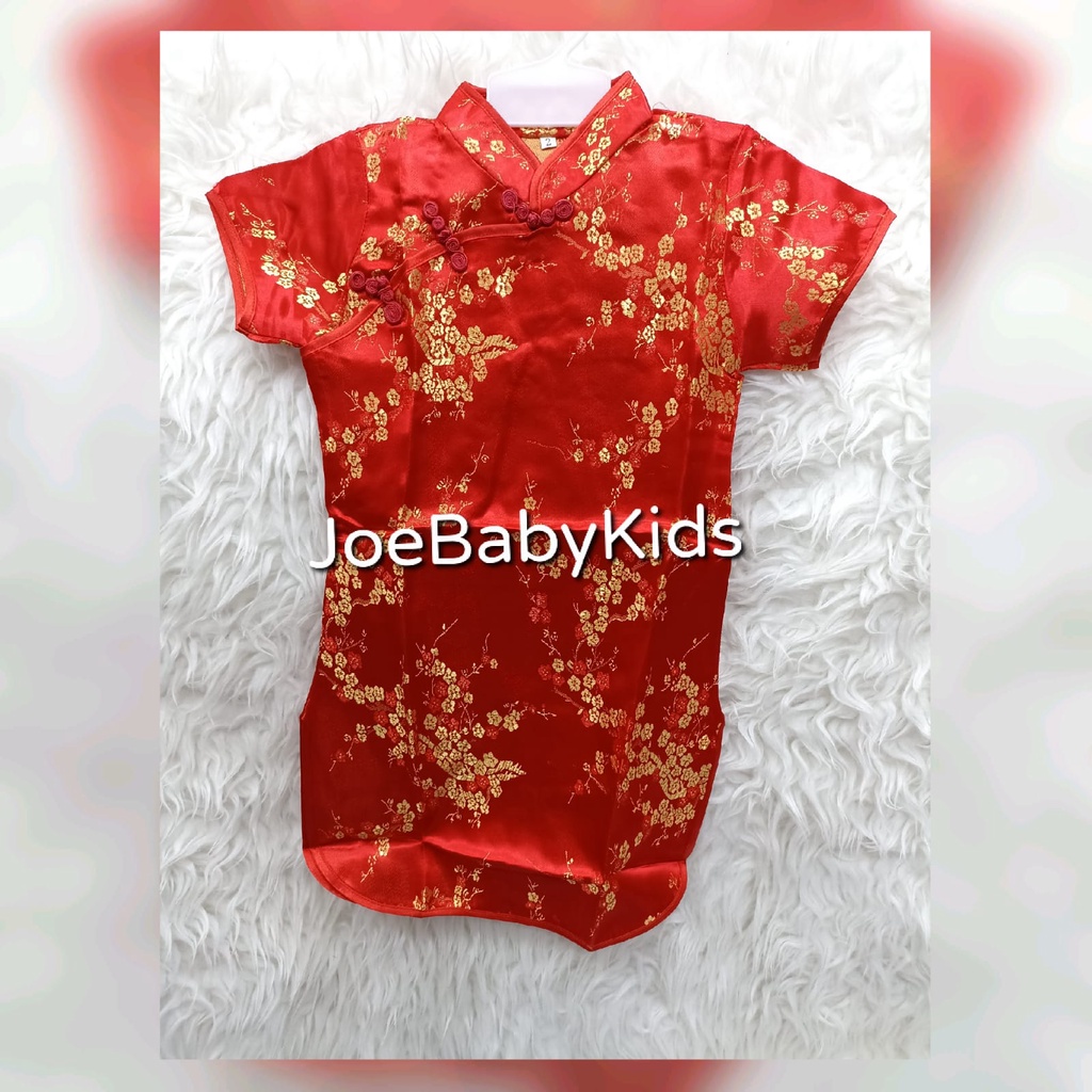 Cheongsam anak import warna merah bahan jaquard / Dress imlek / Baju imlek anak cewek