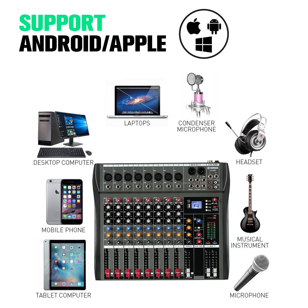 CT80S Pengaduk Audio Profesional 8 saluran mixer Efek gema bawaan Mendukung pemutaran Bluetooth/UBB/PC/MP3 Dukungan untuk penggunaan di dalam kendaraan Peralatan bernyanyi KTV pertunjukan luar ruangan