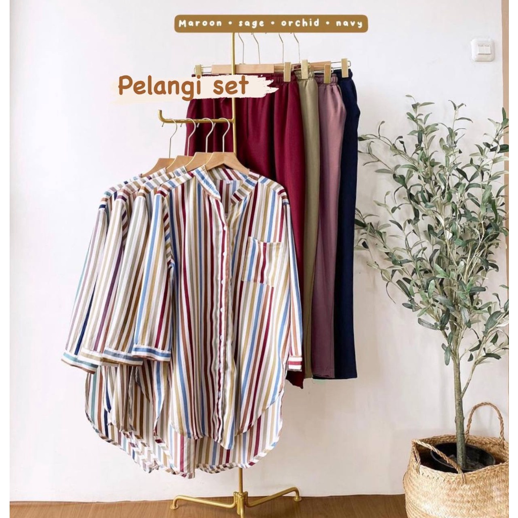 Pelangi Set - One Set Wanita Kemeja Pelangi Shakila Twill Premium Setelan Celana Panjang Kekinian