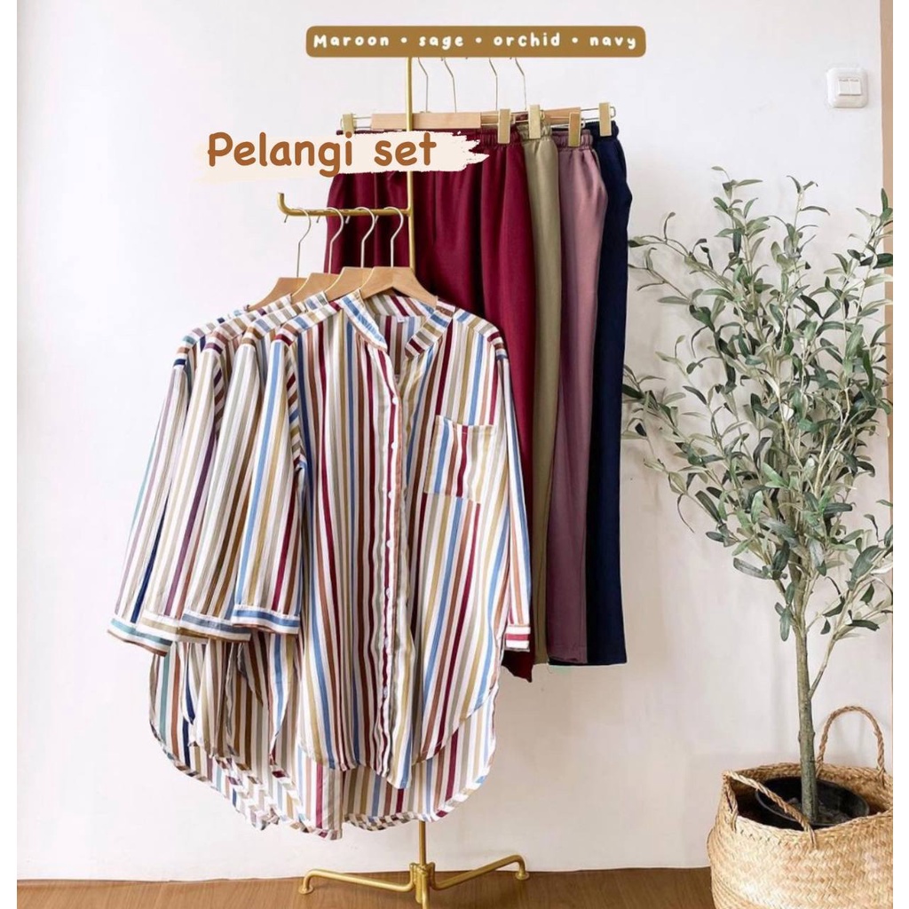 Pelangi Set - One Set Wanita Kemeja Pelangi Shakila Twill Premium Setelan Baju Lengan 7/8 Set Celana Panjang Kekinian LD 110 cm