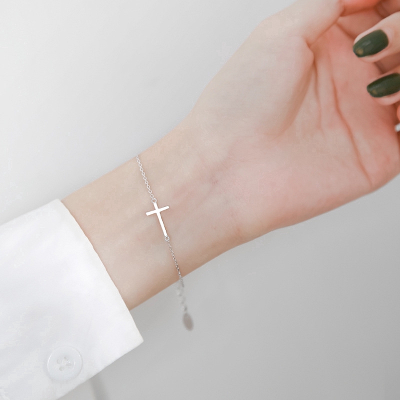 Gelang Salib Perak Classic Cross Pendant Bracelet Woman Gift Beautiful Silver Chain Cuff Jewlry