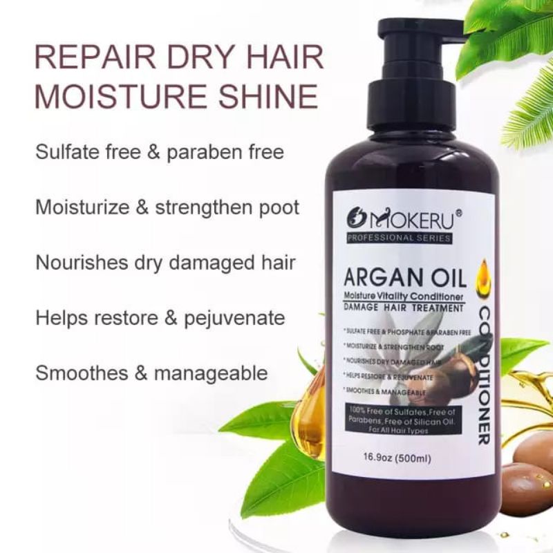 MOKERU (1SET) Pewarna Rambut Herbal | Argan Oil Dye hair shampoo 500ml Dan Conditioner 500ml+Vitamin rambut 1Blister.