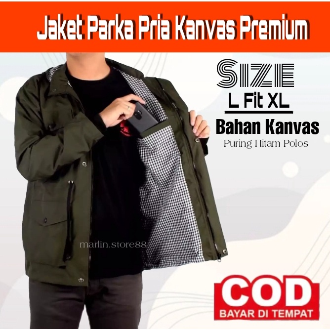 JAKET PARKA COWOK/PRIA FULL BLACK PREMIUM SIZE L - XL