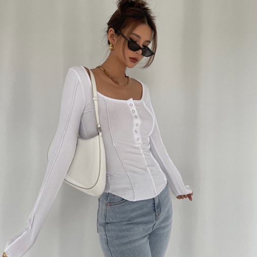 【LIVIAHOME】U Neck Long Sleeve Button Up Slim T-Shirt 7027