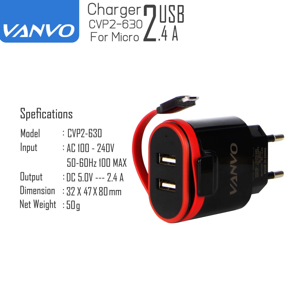 Charger Vanvo 2USB CVP2-630 Output Micro Wall Charger