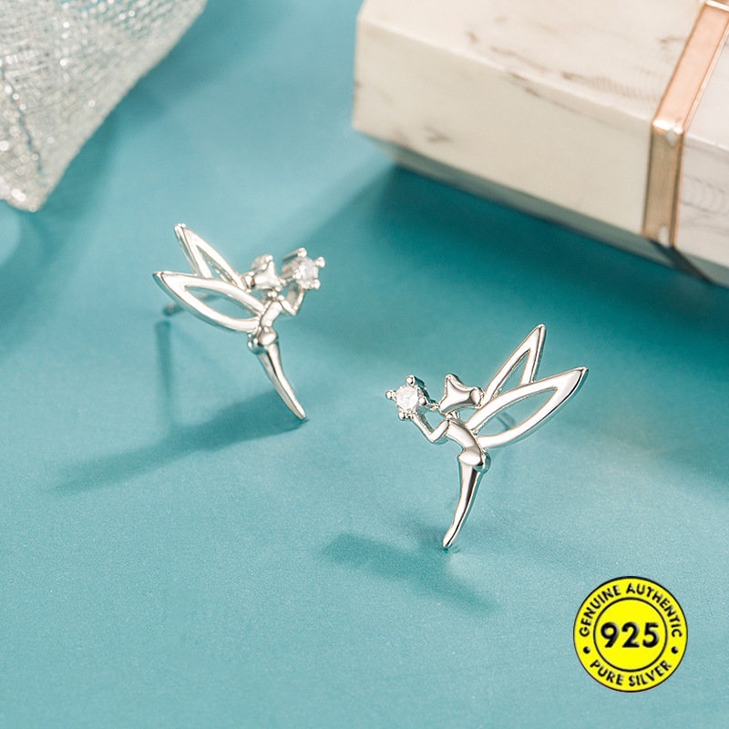 Anting Tusuk Sterling Silver 925 Desain Sayap Peri Hias Berlian Imitasi Untuk Wanita U1054