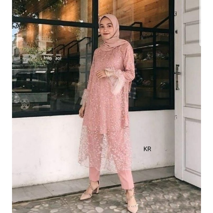 2 UKURAN L DAN XXL SET SHALOM FASHION PAKAIAN WANITA SETELAN ATASAN TUNIK BRUKAT DAN CELANA MOSCREPE KR ADA VIDEO REAL PICT