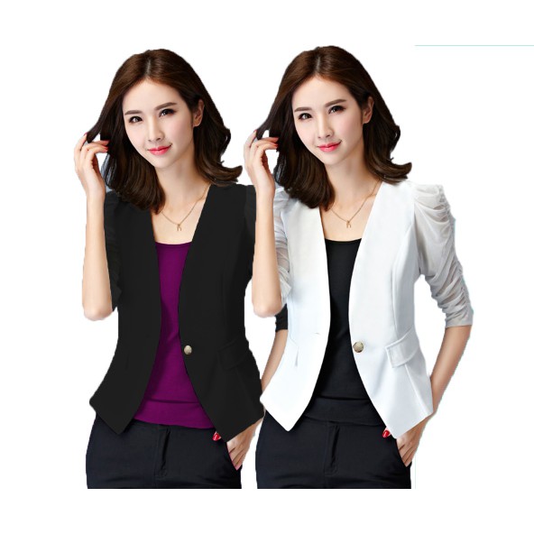 Baju Wanita  Emilia Blazer Wanita Gaya Korea Tangan 7/8 Variasi Renda - Putih, M