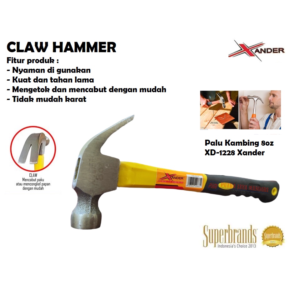 Xander Palu Kambing 8Oz  Gagang Plastik Claw Hammer 8 Oz Palu Tukang Palu Pembuka Paku
