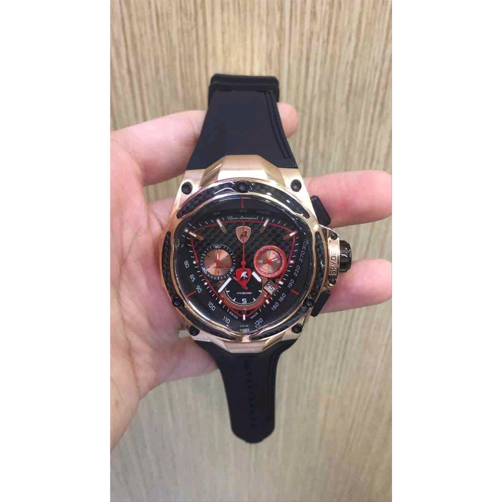 GJ TORINO LAMBORGHINI RED LINE BLACK ROSEGOLD & SILVER WITH CARBON MARKER ON RUBBER STRAP CLONE