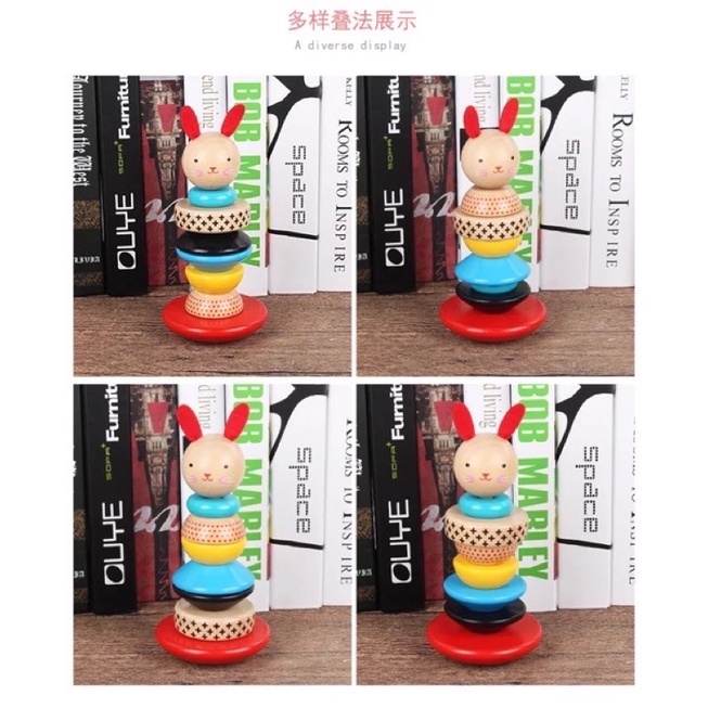 Rabbit stacking rainbow tower toys - Wooden toys Mainan motorik anak -kado anak - hadiah anak