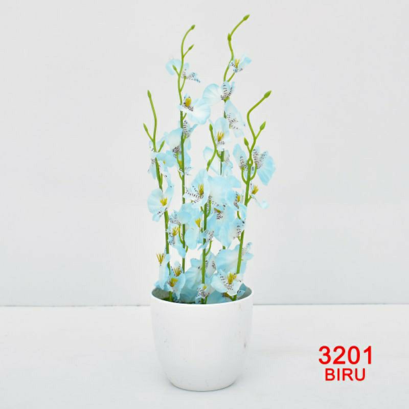 COD/BUNGA ANGGREK SET POT BUNGA HIAS ANGGREK BUNGA PLASTIK BUNGA PAJANGAN BP8833-Biru