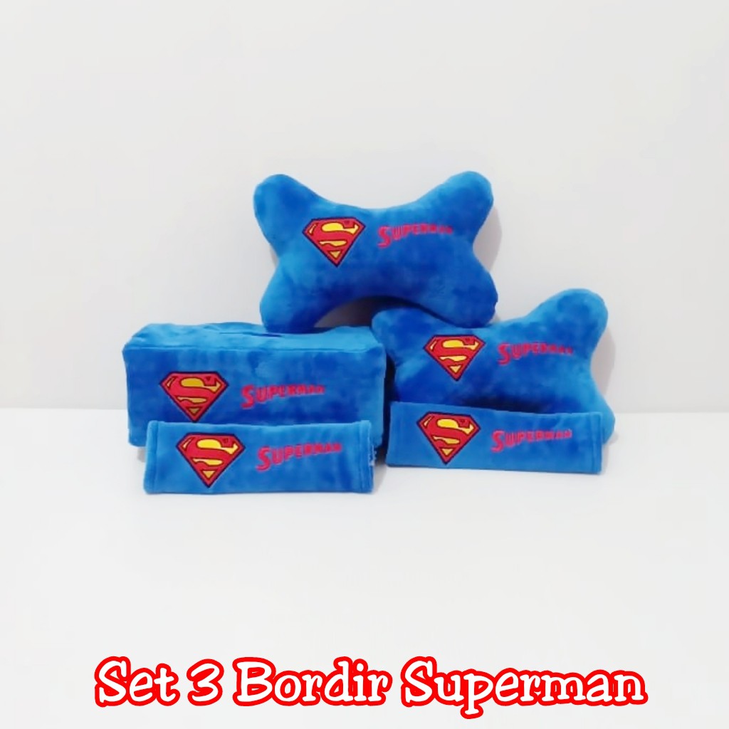 Bantal Mobil Sandaran Penyangga Pengaman Set 3 Bordir Super Hero Superman Biru
