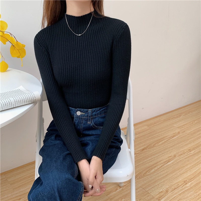 Sweater Rajut Korea/Baju Rajut Wanita/kemeja bottoming rajutan ramping/Atasan rajutan/Minimalis Warna Solid