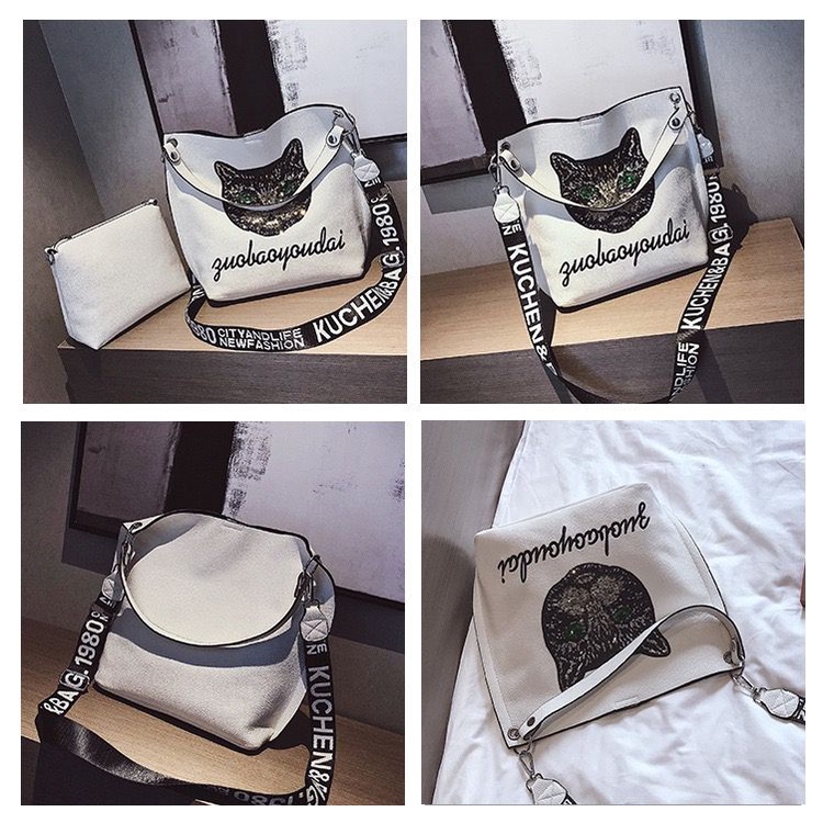 BJ57072 (2IN1) - BLACK/WHITE - TAS SLEMPANG JINJING TOTEBAG HANDBAG BAHU SHOULDERBAG MOTIF CAT KUCING FREE POUCH TAS SET TAS WANITA FASHION IMPORT MODIS ELEGAN TERMURAH TERLARIS TERBARU BAGSTORE JAKARTA TAS BATAM CR7072 EL5891 BQ3313