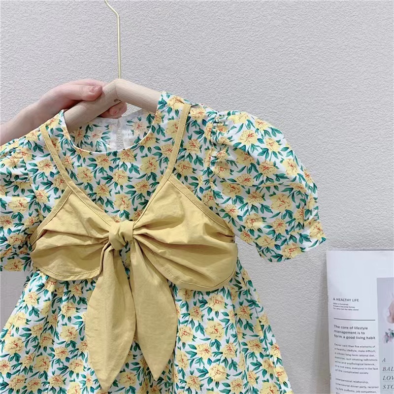 Dress Anak Impor Cute Perempuan Lengan Pendek Motif Pita Kuning Besar