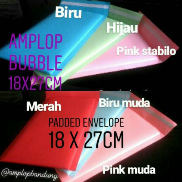 

Amplop bubble padded envelope warna pink, hijau, biru & merah ukuran 18x27cm