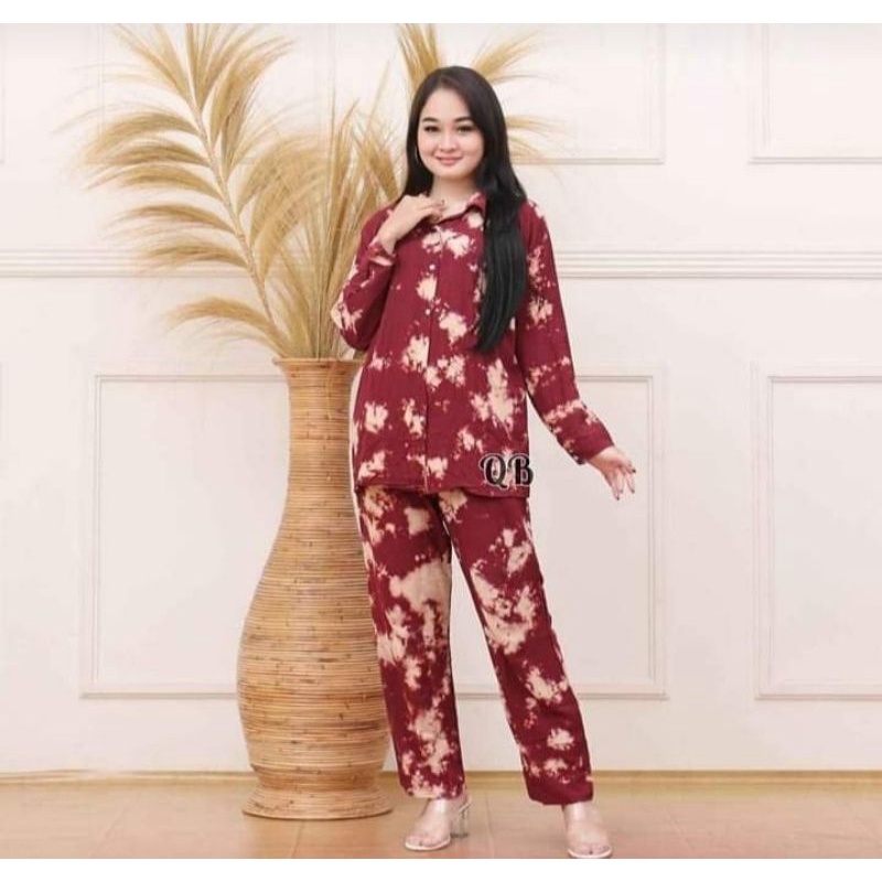 One Set Daily Pajamas Rayon Celup Tie die Stelan Wanita-Maron dark