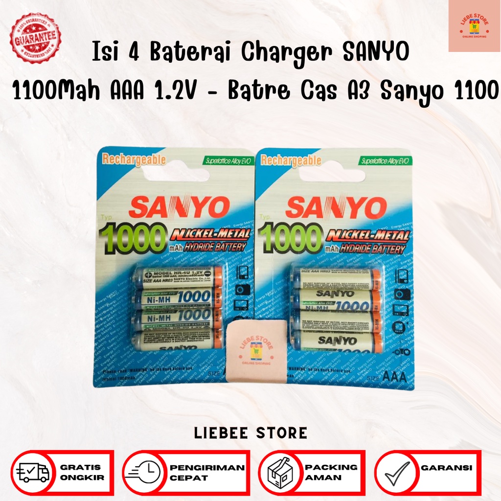 Isi 4 Baterai Charger SANYO 1100Mah AAA 1.2V - Batre Cas A3 Sanyo 1100