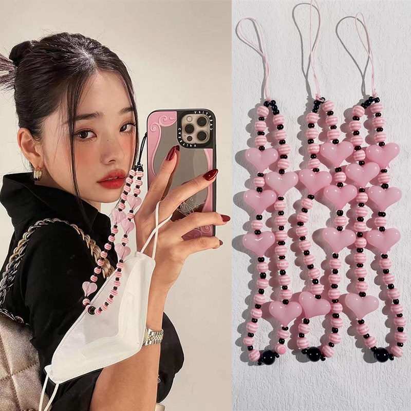 Tali Lanyard Manik-Manik Mutiara Akrilik Anti Hilang Warna-Warni Gaya Korea Untuk Case Hp