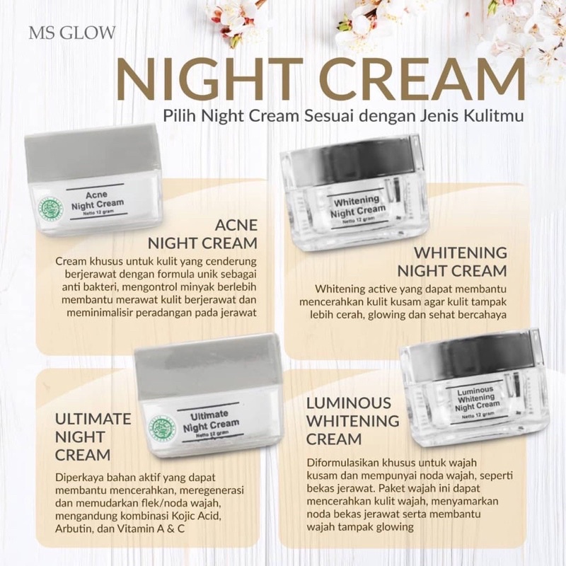 MS GLOW NIGHT CREAM ECER CREAM MALAM WHITENING ACNE ULTIMATE LUMINOUS