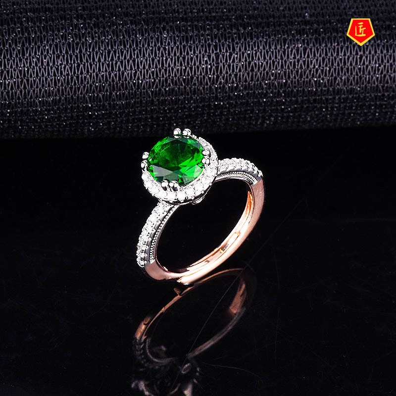 [Ready Stock]Inlaid Emerald Rose Gold Two-Tone Ring Ins Fashion