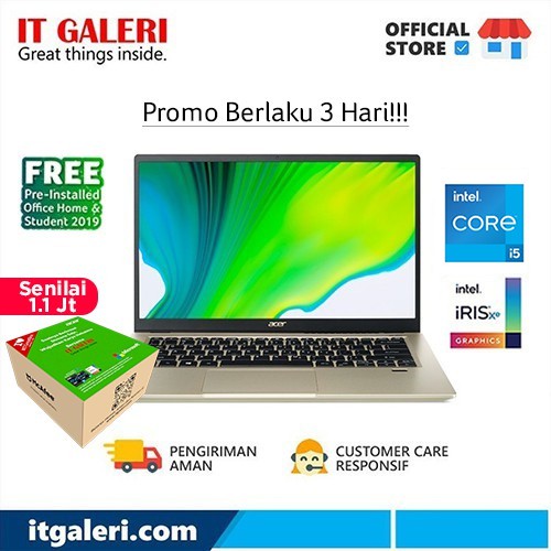 Laptop Acer Swift 3X SF314-510G NX.A10SN.005 : 14"IPS FHD I5-1135G7 16GB 512SSD WIN10+OHS2019 Gold