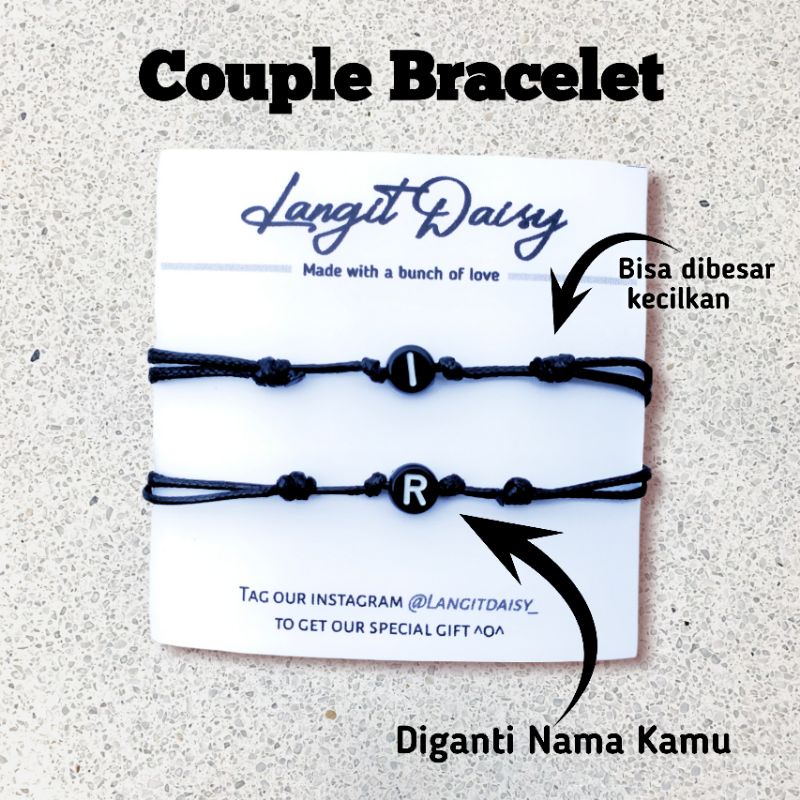 Set Gelang Couple Inisial Nama Huruf Bulat | Gelang Tali Simple Tipis | Waterproof Anti air | Adjustable | Couple Pasangan Sahabat | Cowok Cewek | Hitam Tipis | Minimalis Vintage Etnik Modern | Murah | Gelang Copel Cauple Kapel Huruf Inisial Nama Murah