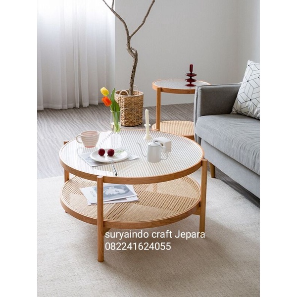 meja tamu minimalis unik kombinasi rotan + kaca custom