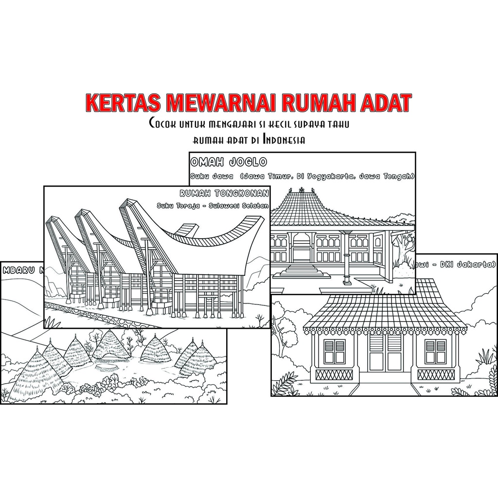 Jual Kertas Mewarnai Gambar RUMAH ADAT - Melatih imajinasi dan