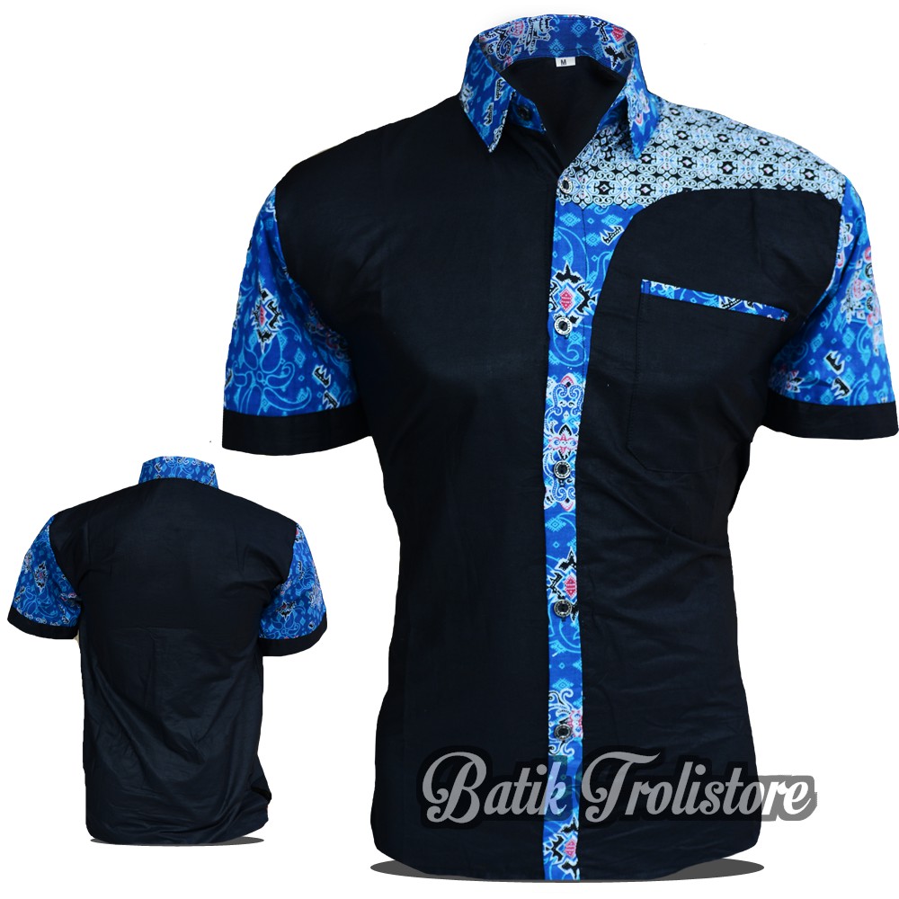 MURAH BATIK PRIA WARNA BIRU LENGAN PENDEK MOTIF SETIF DAN SETPOL SERAGAM BATIK TROLISTORE