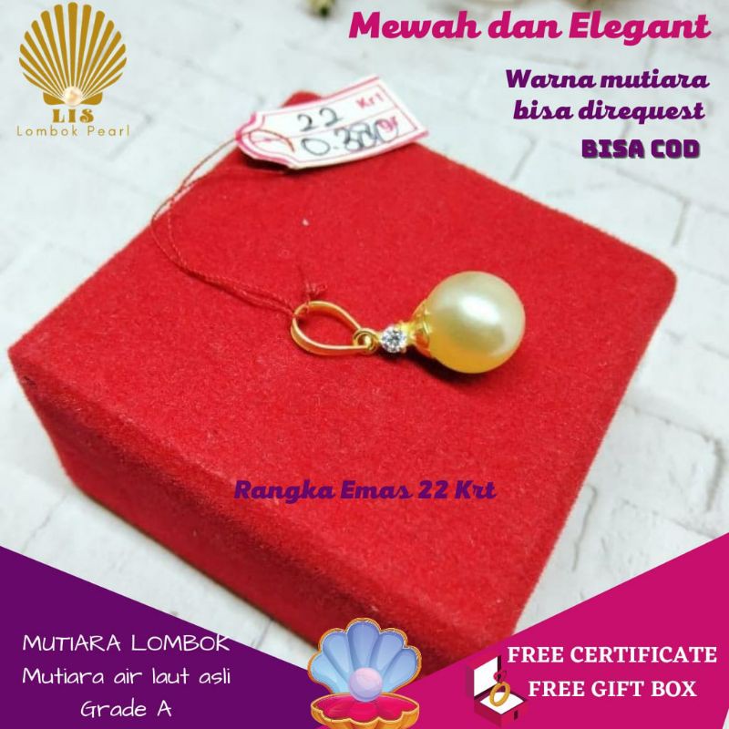 LIONTIN EMAS MUTIARA LOMBOK MUTIARA LAUT GRADE A WARNA GOLD ATAU HITAM RANGKA EMAS 22 KARAT