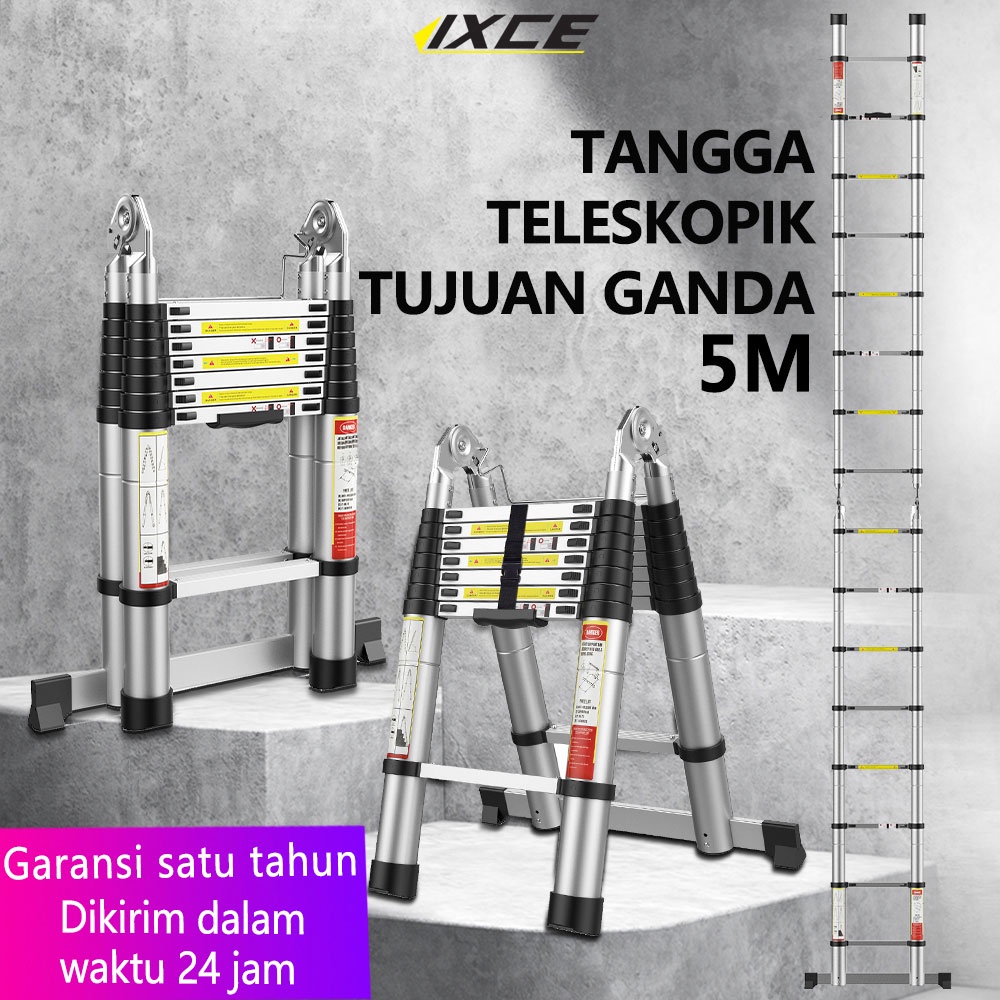 IXCE tangga lipat aluminium serbaguna 5m（2.5m+2.5m） tangga tujuan ganda bahan paduan aluminium berkualitas tinggi tidak berkarat,Sendi menebal, lebih aman elektronik rumah tangga kebutuhan rumah tangga Harga grosir bisa nego