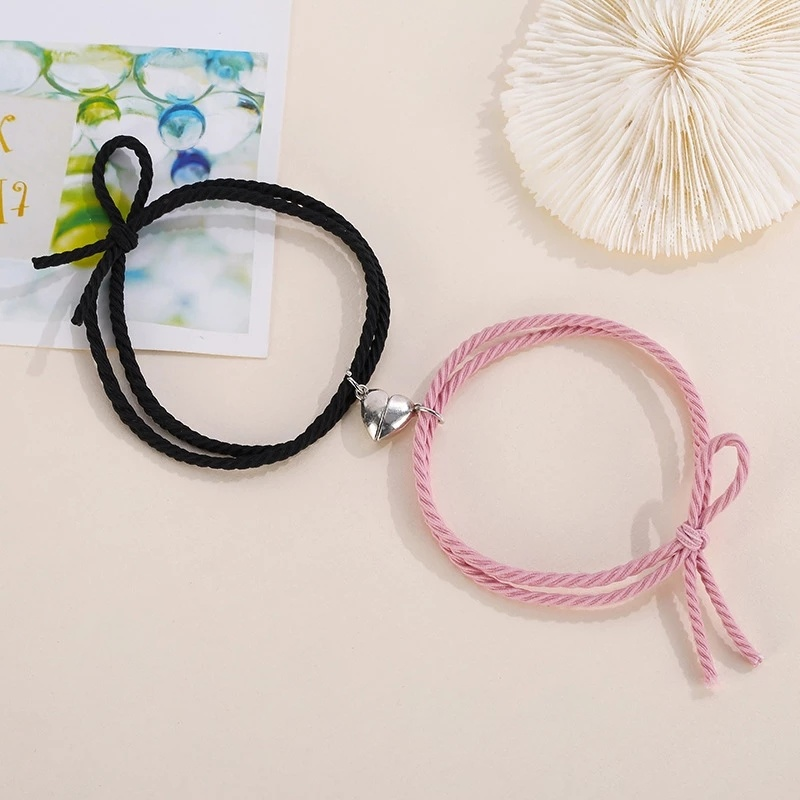 2pcs / Set Gelang Tali Persahabatan Liontin Hati Magnetik Untuk Pasangan