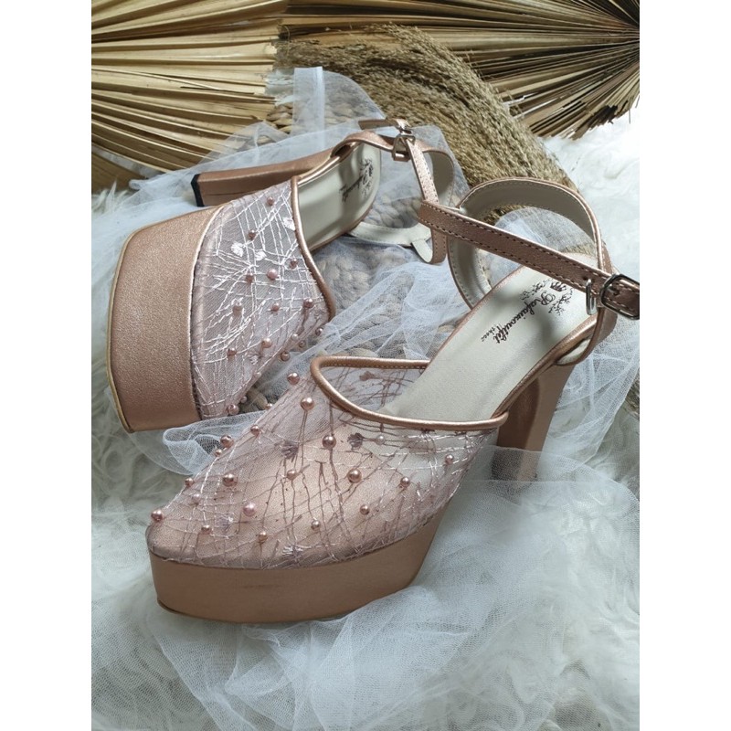 sepatu purri rosegold abstrak lace mutiara tabut tinggi 12cm