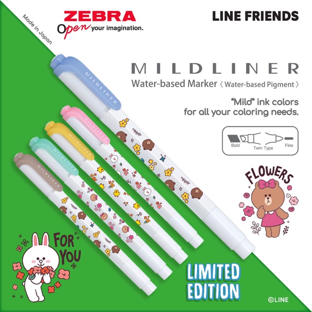 

1 Set Limited Edition 5 Colors Zebra Mildliner Double Sided Highlighter Line Friends