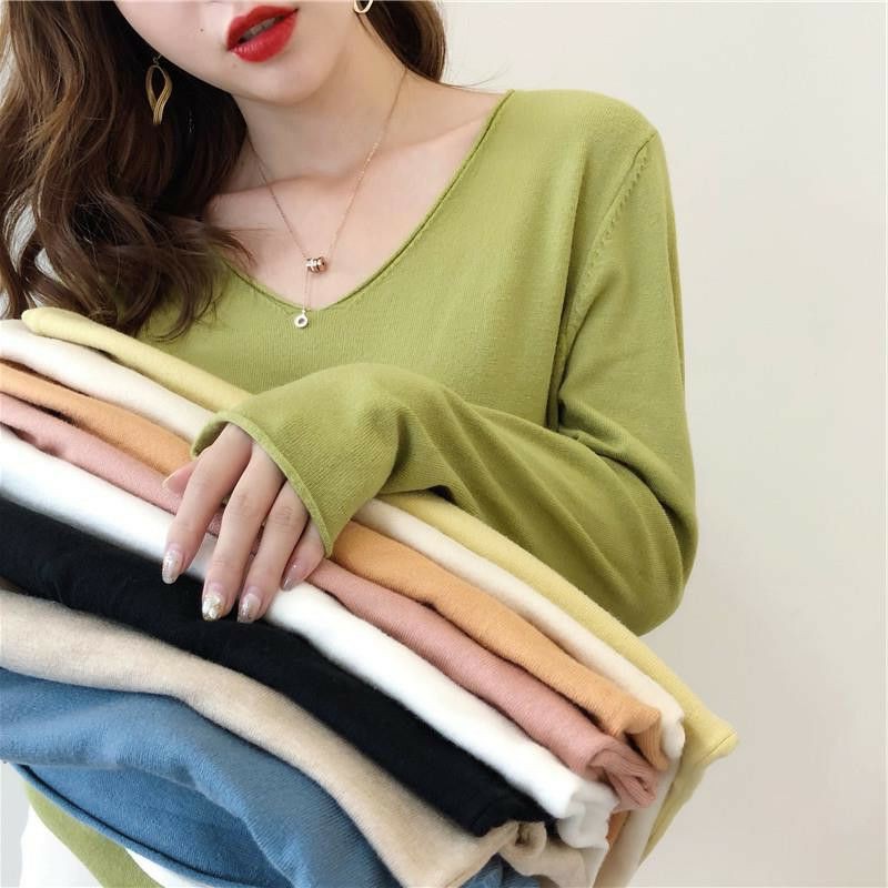 Soft Knit Sweater Import Basic V-neck TM (8a38-2)