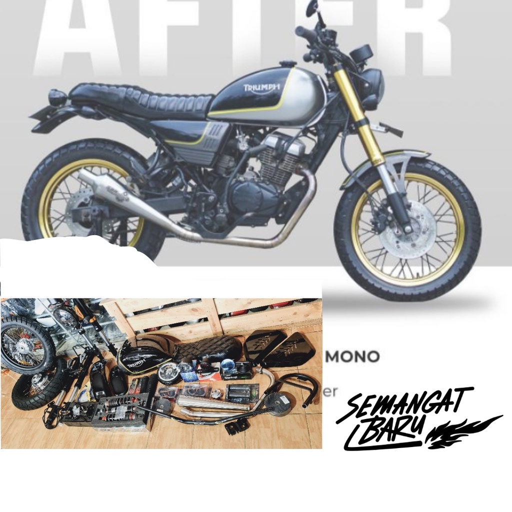 PAKET CUSTOM NEWMEGAPRO MONO, VERZA, FULLSEMOTOR PLUS SHOCK USD DAN BAN PLUS VELK JAPSTYLE SCRAMBLER