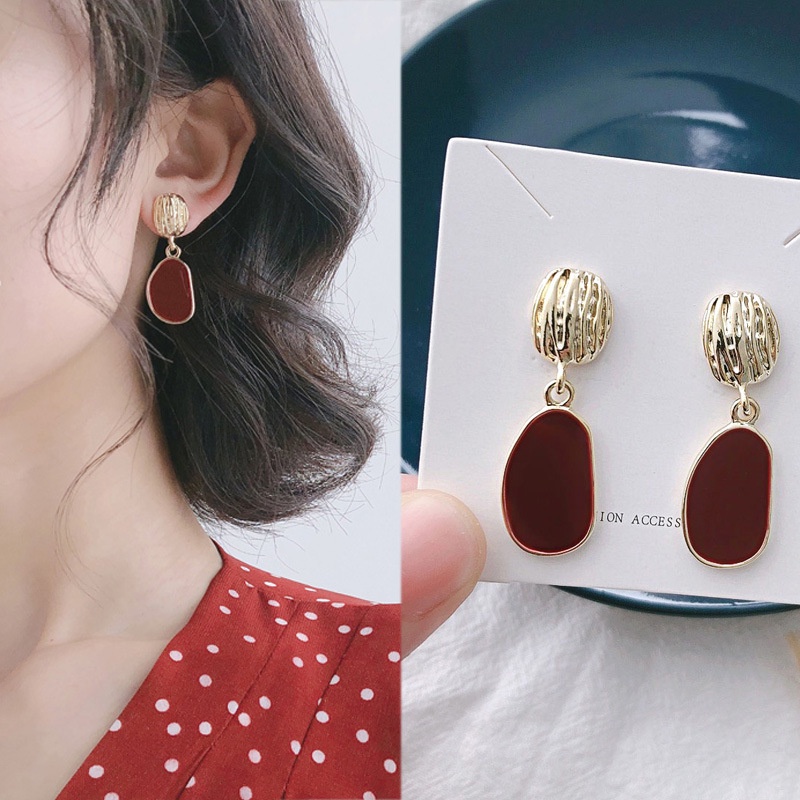 Anting Tusuk Gantung Bahan Sterling Silver 925 Desain Kerang Warna Burgundy Untuk Wanita