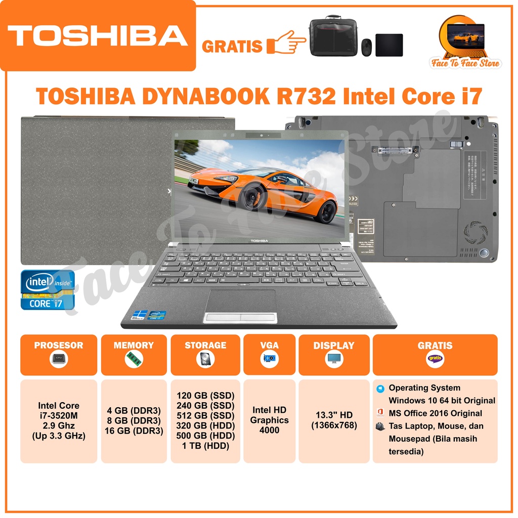 Laptop Terlaris.Toshiba Dynabook R732.Intel Core i7 Generation3.Ram 4GB/8GB/16GB.HDD 320GB/500GB/1TB