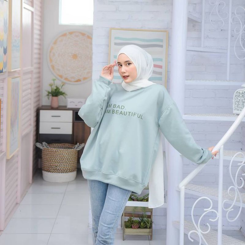 sweater wanita I Am BAD XXL Sweater oversize terbaru keren elegan trend 2021/sweater wanita bahan fleece soft