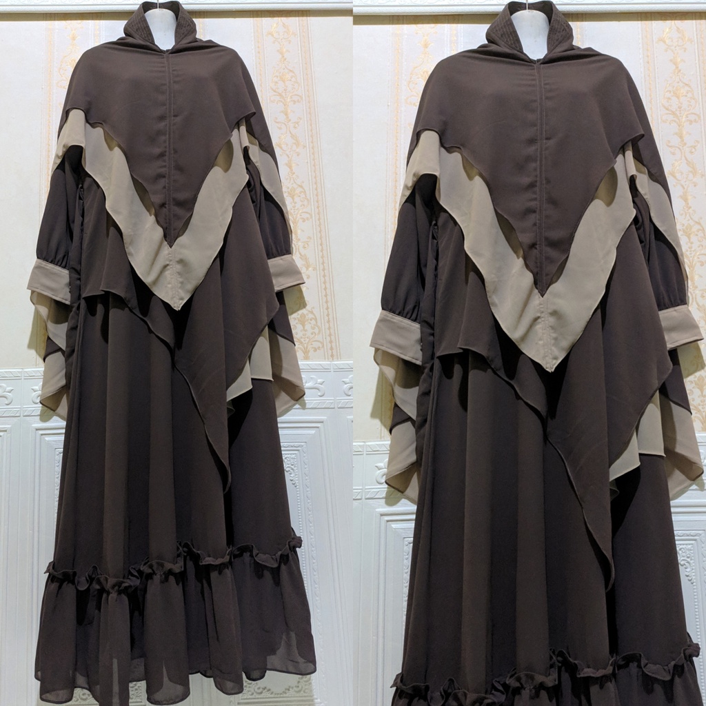 Gamis syari ceruty set khimar Gamis wanita remaja ibu ibu jumbo mewah Gamis terbaru kekinian-Coklat mix coksu
