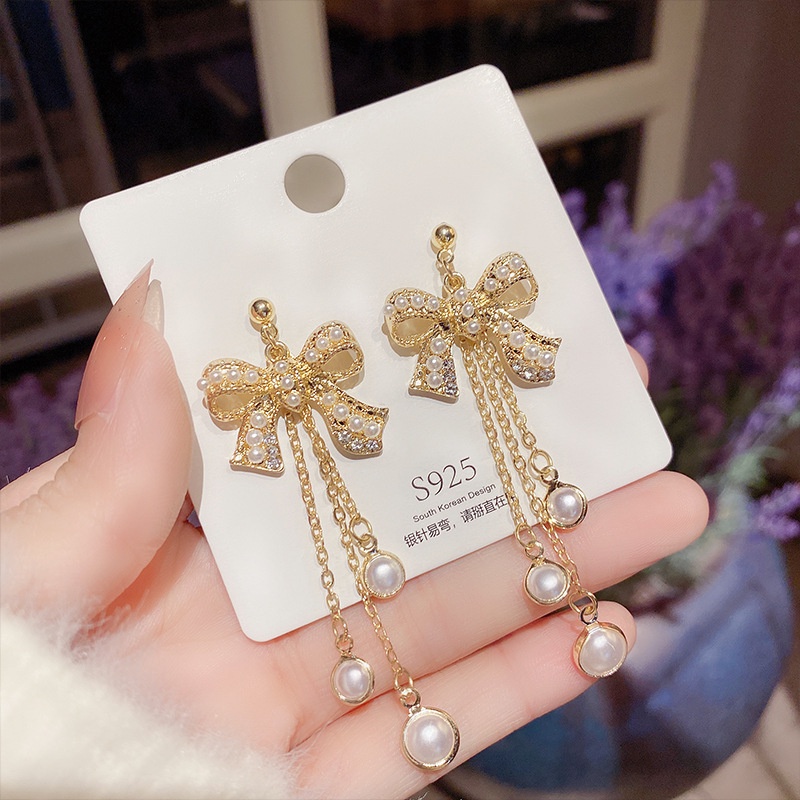 XiaoboACC Anting Gantung Panjang Tusuk Silver S925 Motif Simpul Pita + Rumbai + Mutiara Untuk Wanita