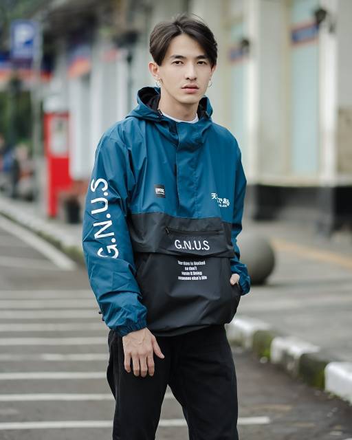 GENIOUS Jaket Cougle Biru Hitam Jaket Parasut Pria