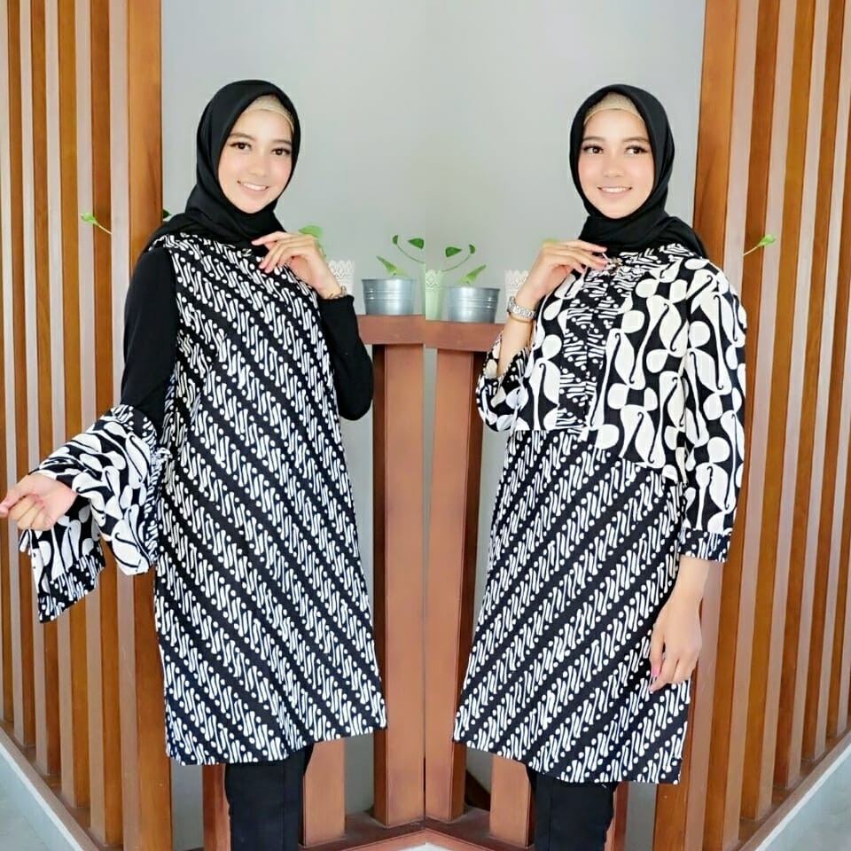 SET WANITA DRESS BOLERO BATIK MOTIFPARANG WARNA HITAM PUTIH